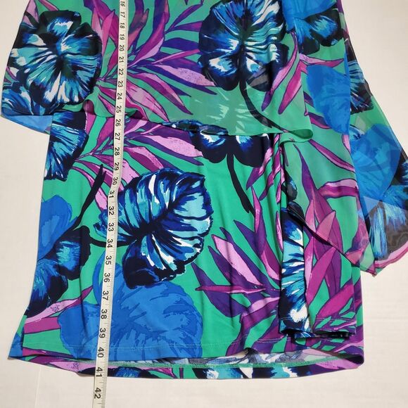 Susan Graver Liquid Knit Mini Dress 1X Plus Tropical Floral Print Green Pink - Picture 6 of 10